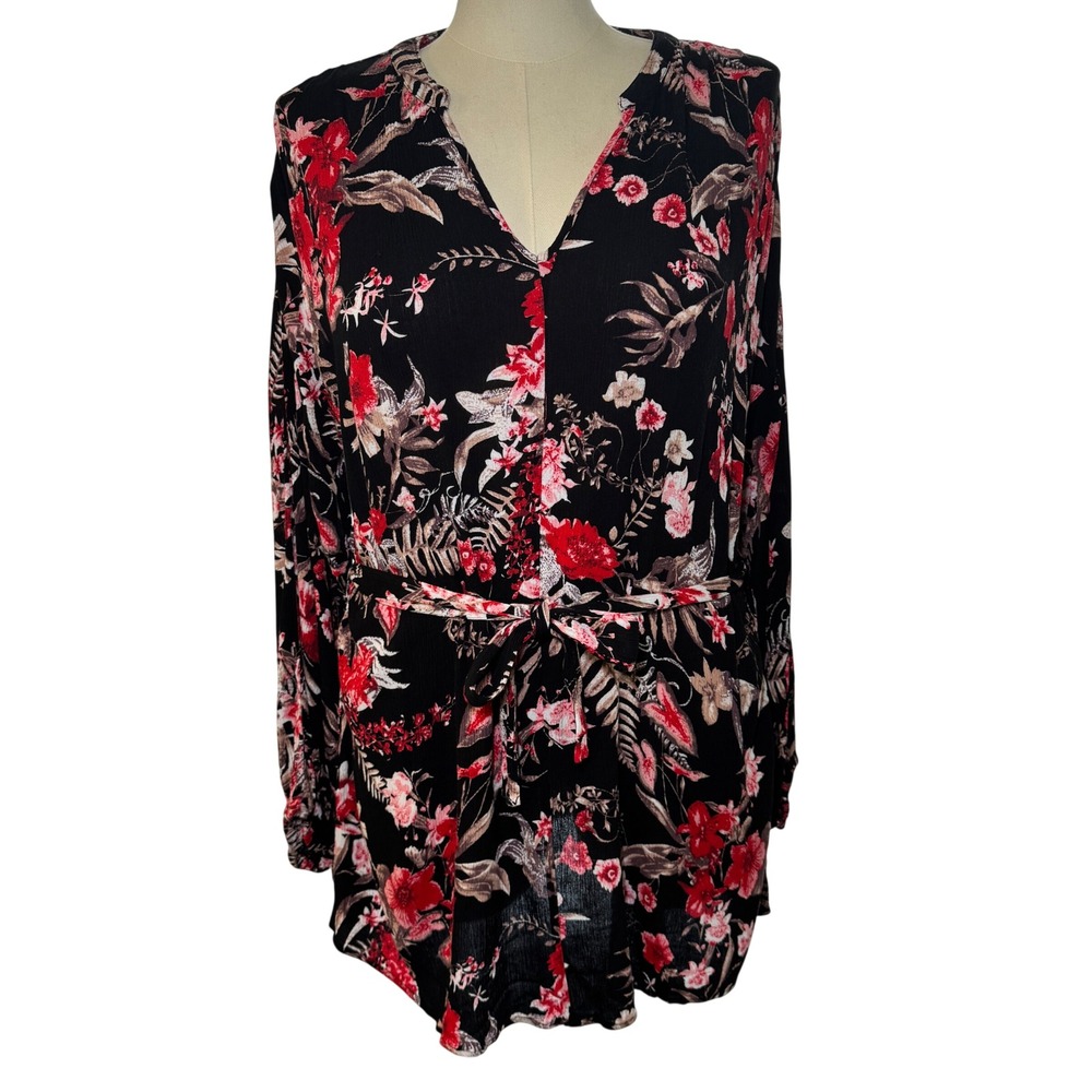 Umgee USA Oversized Black Floral Print V Neck Tie Waist Long Sleeve Blouse Top M